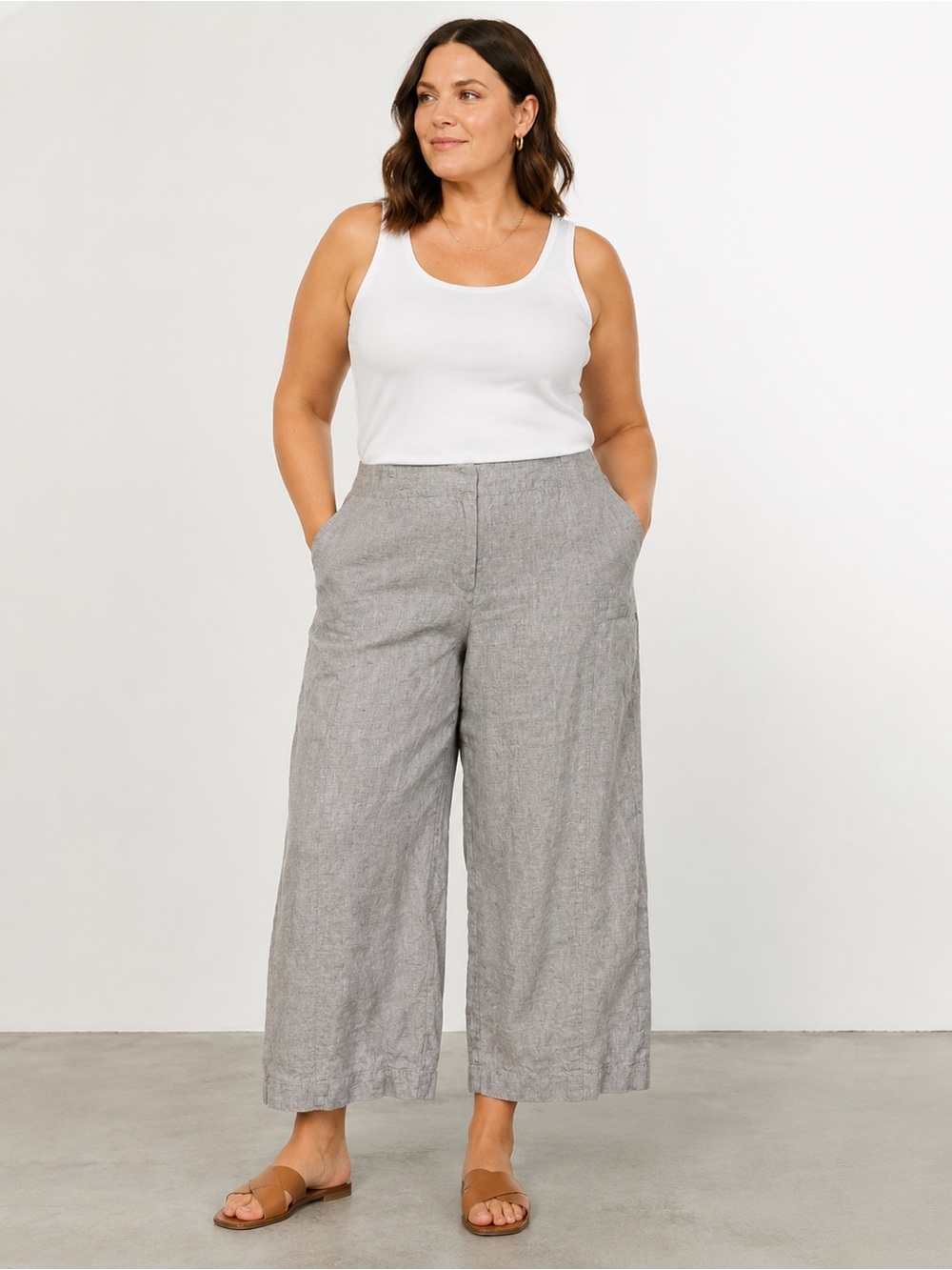 POETRY Linen Crop Pants Trousers Light Grey Womens Size US 10 UK 14 Pockets